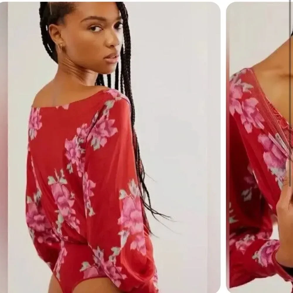 NWOT Free People Undercover Bodysuit XS Floral Thong Off Shoulder Long Sleeve